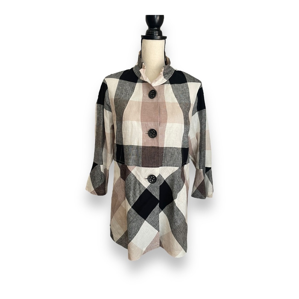 Ali Miles Womens Linen Blend Plaid Button Front‎ Tunic Jacket Tan Black Medium